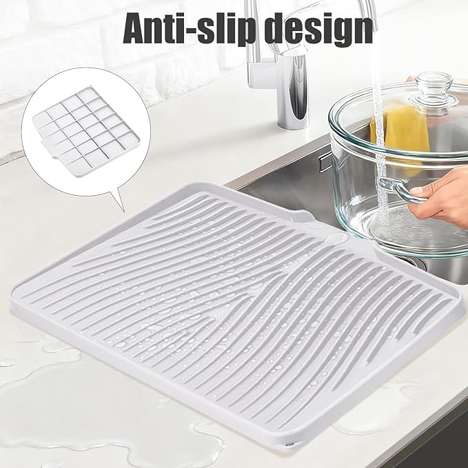 Silicone Dish Drying Mat for Kitchen Counter, Non-Slip Drain Pad with Built-in Drain, Dish Drying Pad, Large Heat Resistant Stone Drying Mat(White 16" x 12")