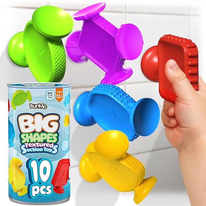 BUNMO Big Shapes Textured Suction Bath Toys for Toddlers 1–3 (10 Pack), Extra Large Silicone Bathtub Toys, BPA-Free Suction Cup Toys, Bath Toys for Kids Ages 1+, Sensory Bath Toys