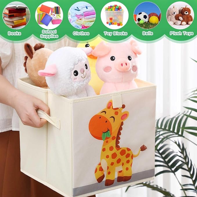 Kigley 6 Pcs Collapsible Cube Storage Bins Kids Foldable Storage Cube Organizer Fabric Toy Box Decorative Kids with Handles for Home Nursery Bedroom, 10.6 x 10.6 Inch(Cute Animal)