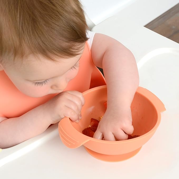 PrimaStella Unbreakable Silicone Non-Slip Bowl and Chew Spoon Set for Babies and Toddlers (Stone)