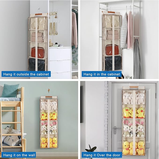 JINOKADI Clear Hanging Handbag Storage Organizer with Zippers, Easy Access Purse,Toy,Yarn,Hat Storage Over The Door Purse Organizer Space Saving 4 Pockets for Closet Bedroom Living Room (Beige)