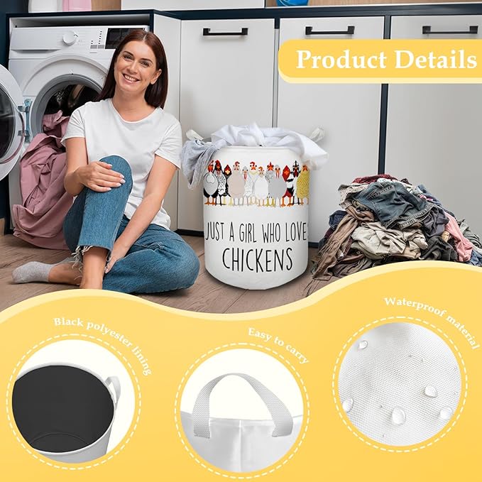 HKTZM Chicken Gifts for Girls Laundry Basket, Farmhouse Chicken Rooster Waterproof Collapsible Laundry Hamper Dirty Clothes Storage Toy Bin Organizer for Bathroom Bedroom Nursery Girls Kids Room