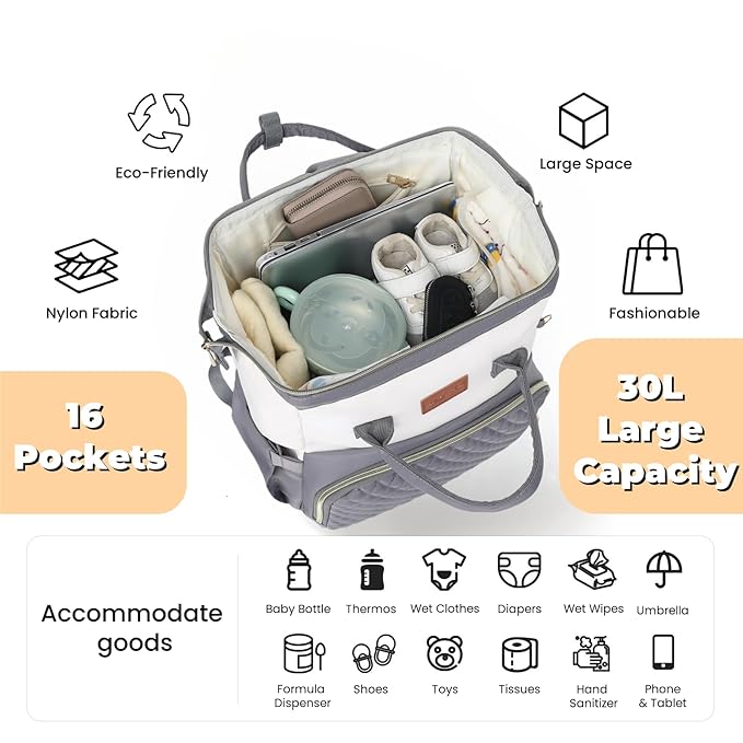 ROSEGIN Baby Diaper Bag Backpack with Changing Pad, Pacifier Case, for Boy Girl Toddler - Large, Stylish, Waterproof Travel Quilted Diaper Bag for Mom - Gray/White