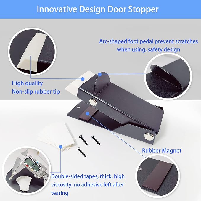 No Drilling Door Stop, Self Adhesive Door Stoppers for Bottom of Door, One Touch Kickdown Door Stop Hold Door Open, Heavy Duty Doorstopper Door Wedge Easy Installation