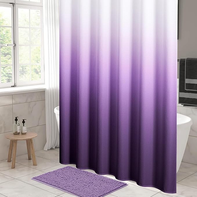 MitoVilla Purple Ombre Waffle Fabric Shower Curtain, Modern Waffle Weave Textured Shower Curtains for Luxury Rustic Bathroom Decor, Vintage Weighted Bathroom Shower Curtain, 72 x 72