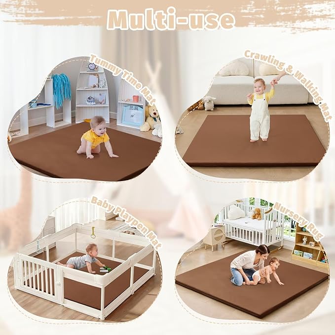 Waterproof Baby Play Mat for Floor 1.3"Thick Memory Foam 59 * 59 Cushion Playpen Playmat Tummy Time Nursery Rug Pad Mattress Create Soft & Safe Area for Infants,Toddler,Kids,Chestnut