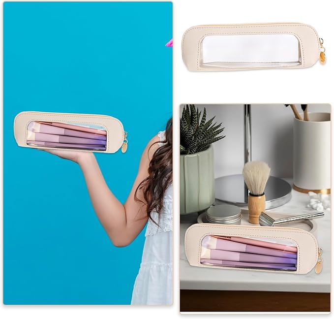 Small Clear Makeup Bag, PU Leather Travel Makeup Brush Case Portable Transparent Waterproof Cosmetic Organizer Pouch with Zipper for Women Home Travel Office Cosmetic Storage (Beige)