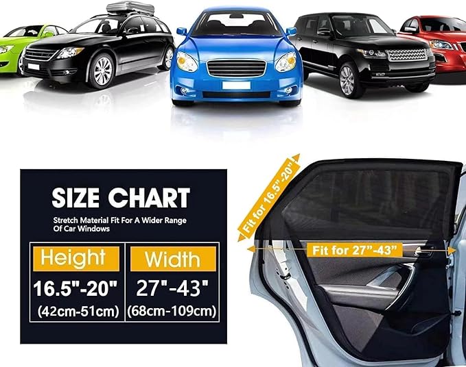 Car Rear Side Window Shades,2 Pack Stretchy Mesh Car Window Screens Sun Shades Mosquito Nets Covers Fit for 96% Cars SUVs, Anti-Sun Glare, Reduce UV Rays,Privacy Protection