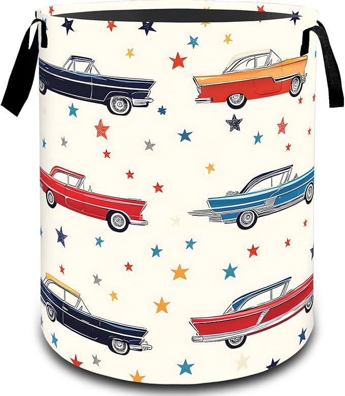 VODRM Vintage Classic Car Laundry Basket, Dirty Collapsible Clothes Toy Organizer Hamper for Kids Adults, Oxford Cloth Waterproof Storage Bin for Bedroom Bathroom Home Decor Gifts, 19.7"X15.7"
