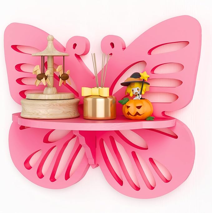 Pink Butterfly Shaped Floating Shelf for Girl’s Room, Cute Wall Display Rack for Nursery Decor, Small Decorative Shelf Wall Mounted, Wood Hanging Wall Shelf for Toys, Plants and Decorations Storage