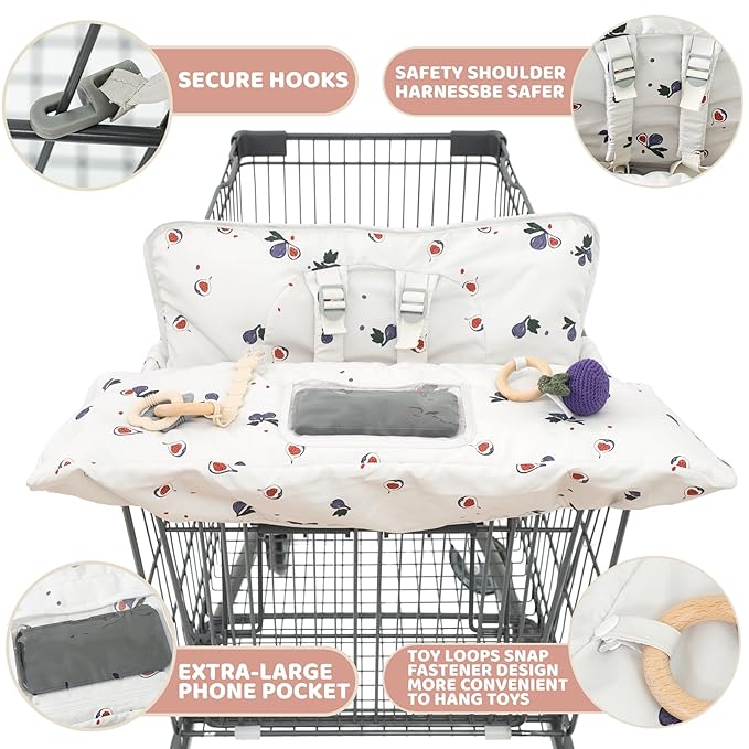 Shopping Cart Cover for Baby 2 in 1 High Chair Covers for Restaurant Comfortable Grocery Cart Seat Covers for Infant, Toddler Universal Suitable for Most Shopping Carts Machine Washable, Fig
