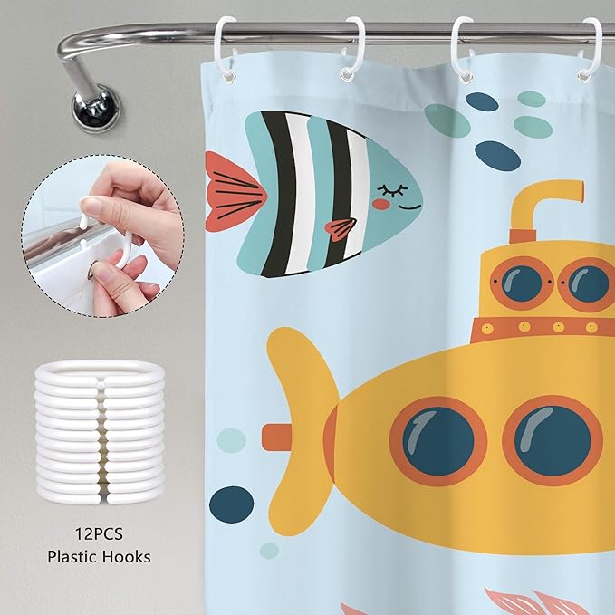 Blue Kids Shower Curtain 72Wx72H Kid Ocean Whale Funny Cartoon Cute Fish Sea Animal Underwater Baby Boy Girl Bathroom Decor Nursery Submarine Coastal Bath Curtain Fabric Polyester 12 Pack Hooks