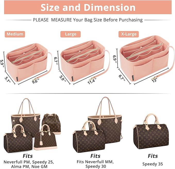 OPPOSHE Purse Organizer Insert for Handbags, Softened Felt Bag Insert Organizer for Tote, Compatible with LV, Coach, MK, Kate Spade, Goyard, Longchamp (Light Pink, Large)