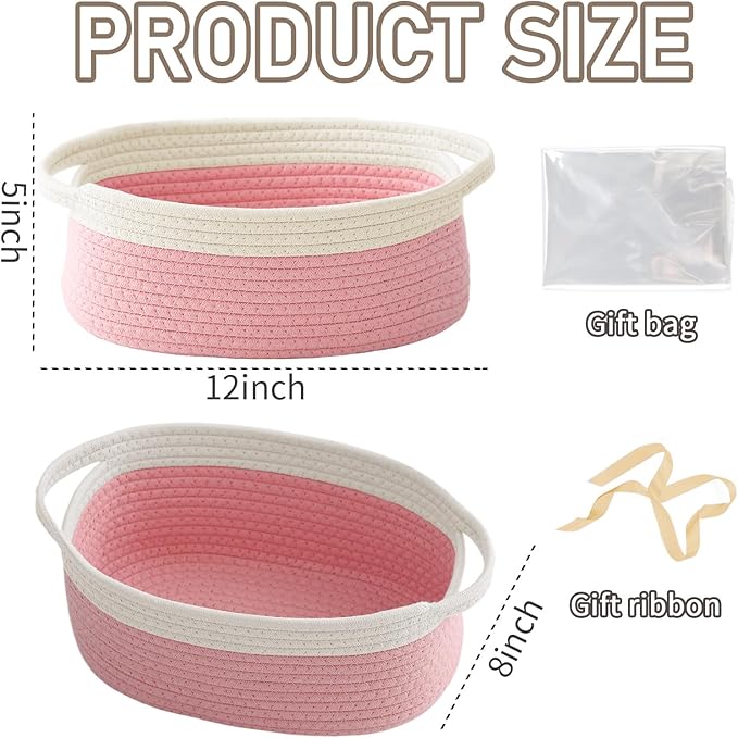 JMvicyroam Woven Basket,Small Rope Storage Bin with Handles & Ribbon Bag, Organizer for Shelves Closets,Gift Basket Empty for Birthday,Books,Dog Toys, White&Pink/3 Pack