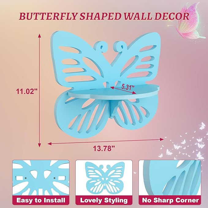 Butterfly Shaped Nursery Wall Deor Floating Shelf, Small Decorative Shelf Wall Mounted, Cute Wall Display Rack for Kid’s Room, Hanging Wall Shelf for Toys, Plants and Decorations Storage,Light Blue