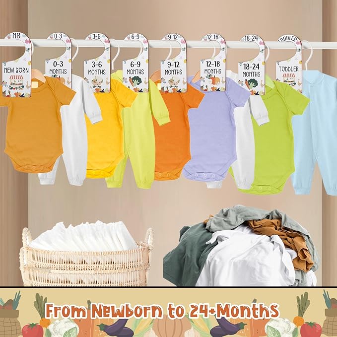 Baby Closet Dividers 8PCS, Locally Grown/Farmer's Market Themed Wooden Double-Sided Clothes Size Hanger Organizer from Newborn to Toddler for Nursery Decor Baby Shower Birthday Gift