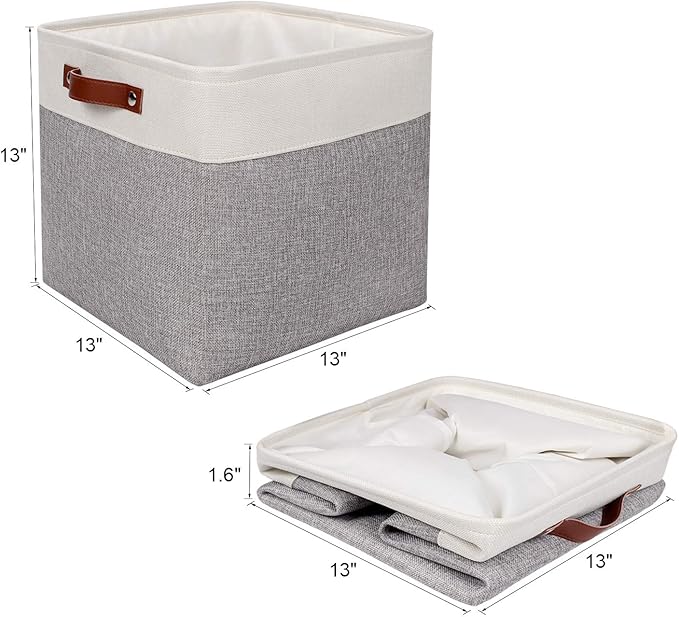 Univivi 13x13x13 Storage Cube Bins with Handles,Fabric Storage Cubes with Hard Bottom Organizer Baskets for Closet,Foldable,Gray