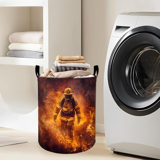 Brave Firefighter Walking Through Flames Laundry Basket with Handles, 19.7"x15.7" Clothes Foldable Laundry Hamper Organizer for Dorm Nursery Bedroom Bathroom Decor, Toy Storage Bin for Kids