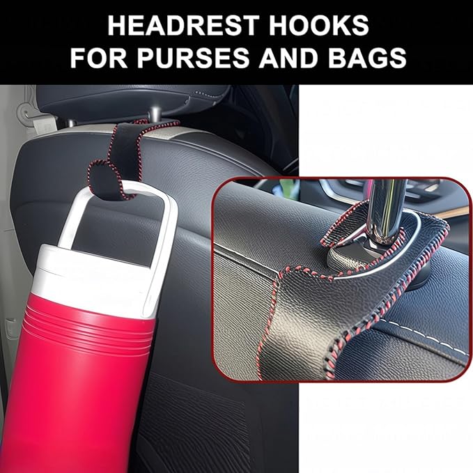 Car Seat Hooks for Purses and Bags, 2 Pack Car Purse Holder for Grocery Bag Handbag Clothes, Metal Headrest Hooks Covered by Leather, Black Red