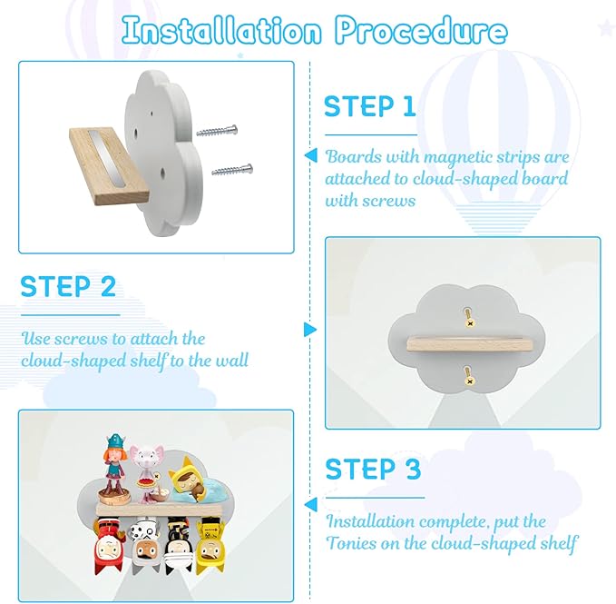 Sun3drucker Floating Shelf Wall Mount (Cloud Design) for Toniebox Tonie Figures Character - Magnetic Wooden Shelf Compatible with Tonie Audio Character for Children Baby's Room