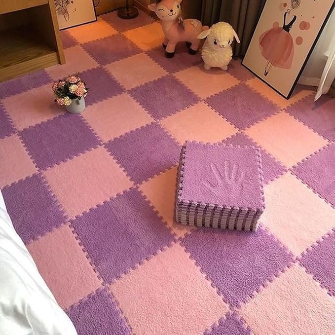 12pcs Plush Puzzle Foam Floor Mat, Soft Thicken Fluffy Interlocking Square Foam Tiles Area Rugs Carpet for Parlor Bedroom Decoration(11.8x11.8x0.55in,Purple&Pink)