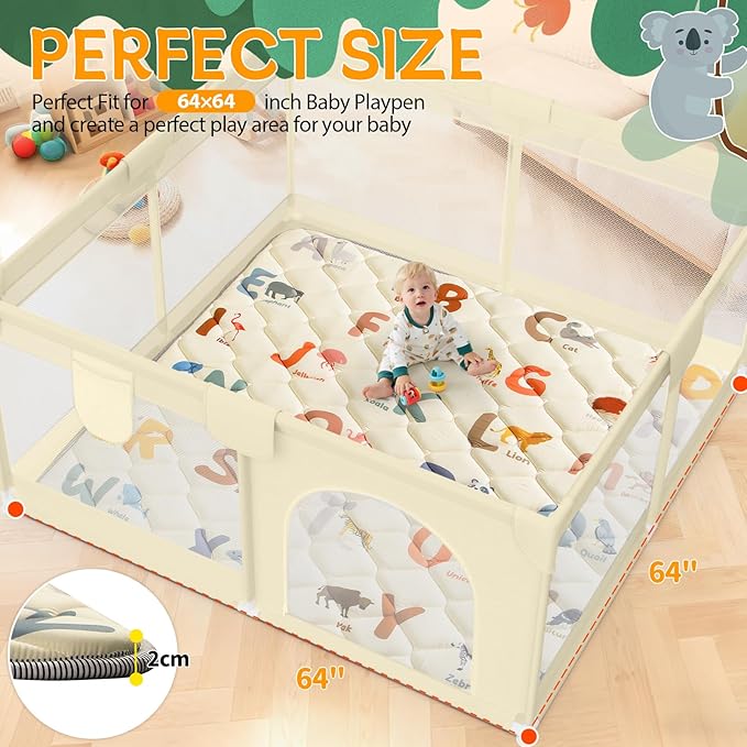 Foam Play Mat - 64x64 Inch Padded Play Mat for Baby - Toddler Play mats for Floor - Thicker Soft Cushioning Playmats - Foldable Washable Baby Playpen Mat, Animals Alphabet Design