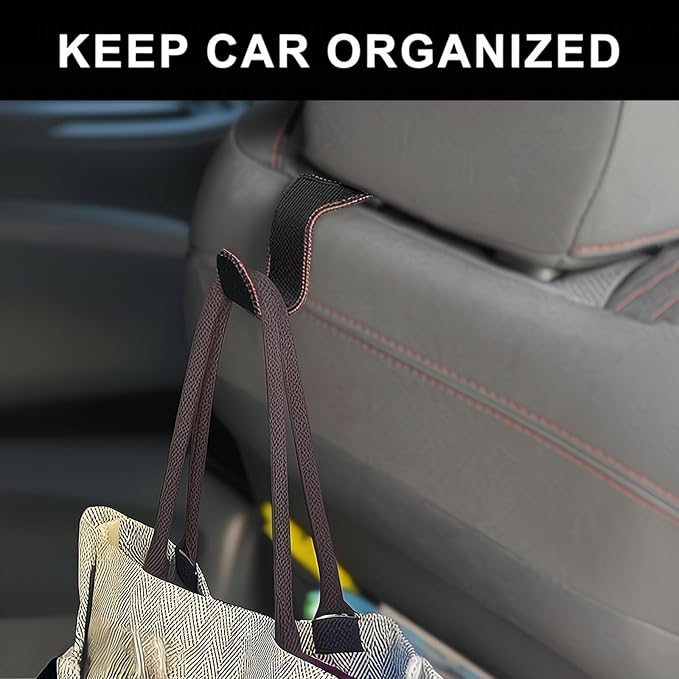 Car Seat Hooks for Purses and Bags, 2 Pack Car Purse Holder for Grocery Bag Handbag Clothes, Metal Headrest Hooks Covered by Leather, Black Red