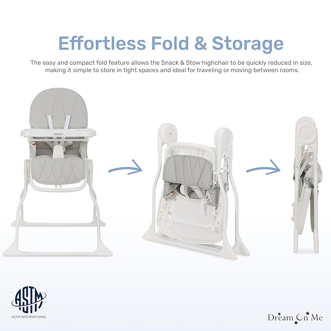 Dream On Me Snack and Stow Highchair | Adjustable Feeding Chair with Removable Tray, Lightweight, Foldable Design, Easy to Clean, Perfect for Toddlers & Infants