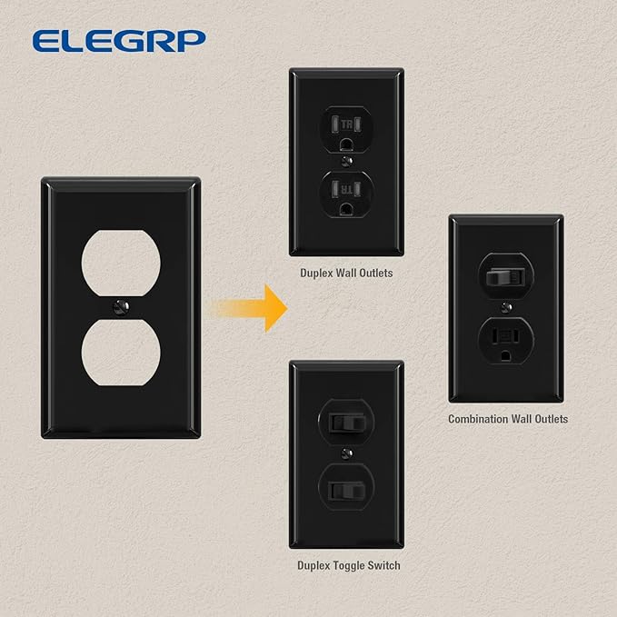 ELEGRP Duplex Receptacle Outlet Covers, 1-Gang Standard Size Wall Plates, Unbreakable Polycarbonate Dual Outlet Faceplates Covers, UL Listed, Color-matched Screws Included (10 Pack, Glossy Black)