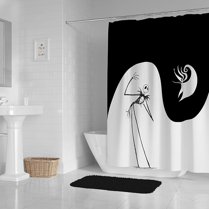 Jay Franco Disney Nightmare Before Christmas Fabric Shower Curtain - Kids Swirl Black and White Bathroom Décor with Jack Skellington and Zero
