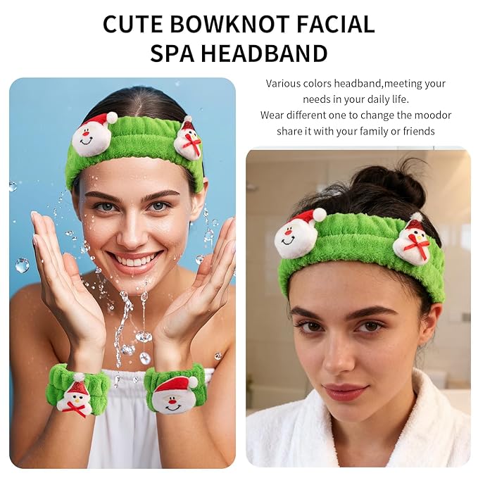 PERFECTSIGHT 2 Pack Cute Animal Headbands for Makeup Wash Shower Adjustable Elastic Hair Band for Girls and Women (Green Christmas)