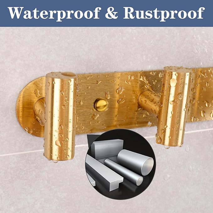 Coat Hook Rack, Wall Mounted Coat Rack with 6 Hooks, Heavy Duty Towel Hooks Rack Wall Hooks for Hanging Clothes Jacket Purse, Stainless Steel Coat Hanger for Bathroom Entryway Mudroom(Gold)