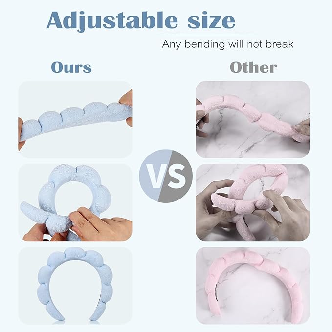 Spa Terry Cloth Headband Combo Pack - 2 Puffy Makeup Facial Headbands for Face Washing and Masks (Beige + Blue)