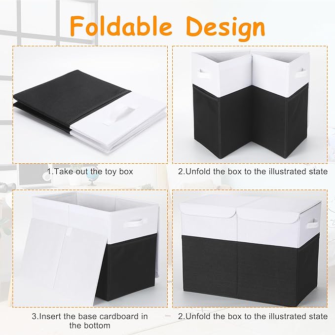 Fiwochic 3 Pack 23" Large Toy Storage Box with 11" Cubes Bins, Collapsible Toy Organizer Chest with Lids for Kids Nursery Playroom Bedroom Living Room Christmas Ornament Storage Box(Black White)