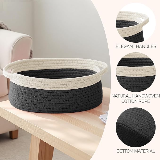 JMvicyroam Woven Basket, Small Rope Storage Bin with Handles & Ribbon Bag, Organizer for Shelves Closets,Gift Basket Empty for Birthday,Books,Dog Toys,White&Black/2 Pack