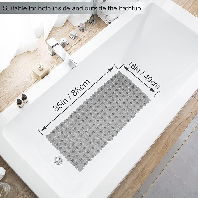 Bath Tub and Shower Mats, Non-Slip Pebble 35 x 16 Inches Machine Washable Bathtub Mat with Drain Holes, Suction Cups for Bathroom (Clear Grey)