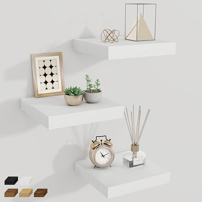 Fun Memories Square Floating Shelves for Wall, 9.3" W x 9.3" D x 1.4" H, Shelves for Wall with Invisible Brackets, Small Wood Storage Shelves for Kitchen, Living Room, Bedroom, Set of 3 (White)