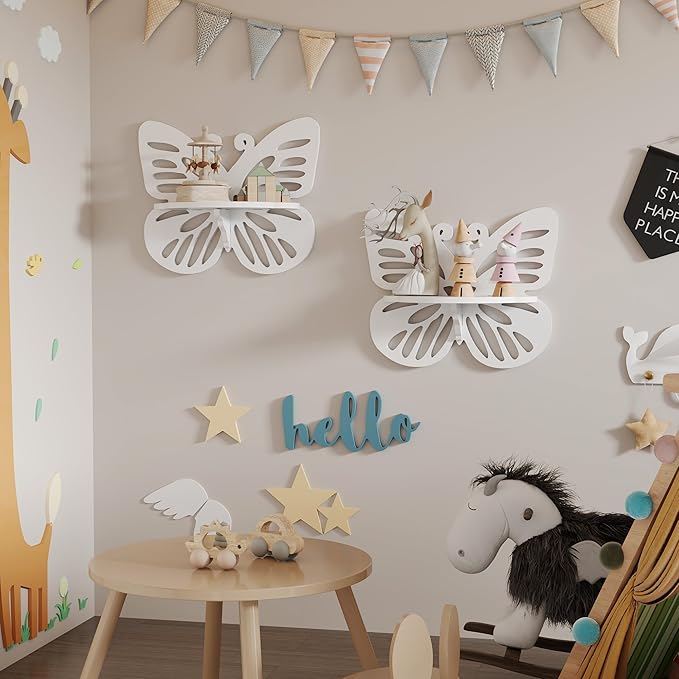 Beskadi White Butterfly Shelves 2 Tier - Nursery Wall Deor Floating Shelf, Cute Wall Display Rack for Kid’s Room, Small Decorative Shelf Wall Mounted, Hanging Wall Shelf for Toys, Plants Storage.