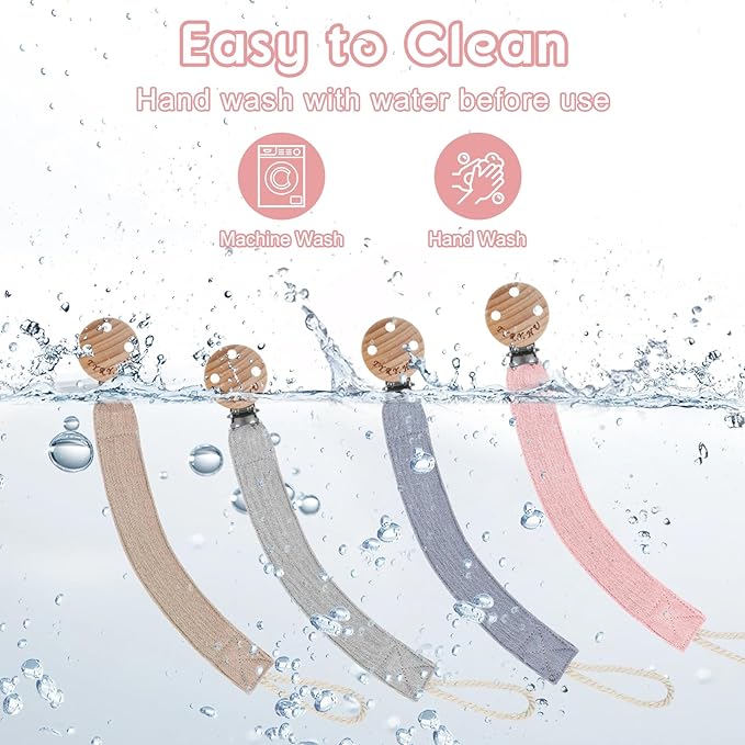 TYRY.HU Ribbon Pacifier Clip Holder,4 Pack Binky Paci Holder Clips, Pacifier Leash for Boys and Girls,Fabric Pacifier Strap Universal Fits for Most Pacifier, Styles & Teethers(Khaki,Grey,Blue,Pink)