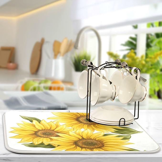 Absorbent Dish Drying Mat for Kitchen Counter - Yellow Sunflower Microfiber Drying Pad, Reversible Drainer Mats for Countertop, Large 18" x 24"