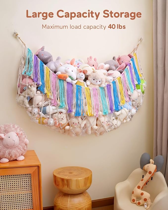 Boho Macrame Stuffed Animal Hammock with LED Lights – Large Wall Hanging Plushie Net, Corner Toy Organizer for Kids Bedroom, Nursery, Playroom & Dorm (Rainbow XXL)