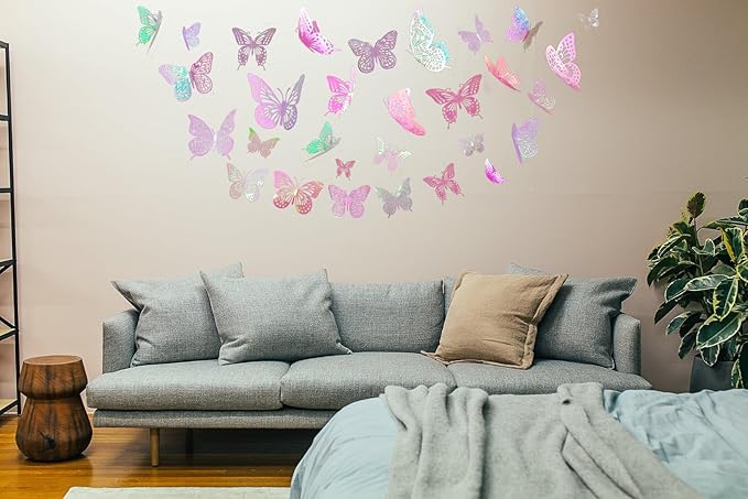 JOSDIOX 3D Laser Pink Butterfly Wall Stickers - 48 Pcs with 4 Styles & 3 Sizes, Removable Decor for Party Birthday Wedding Cake Balloon Decoration(48 Laser Pink)