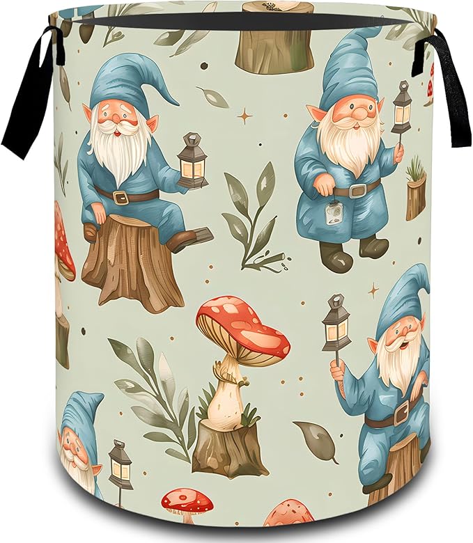 VODRM Gnome Mushroom Forest Laundry Basket, Dirty Collapsible Clothes Toy Organizer Hamper for Kids Adults, Oxford Cloth Waterproof Storage Bin for Bedroom Bathroom Home Decor Gifts, 19.7"X15.7"