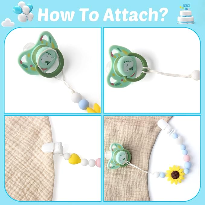 Silicone Pacifier Clip, 2 Pack Pacifier Holder for Boys and Girls, Adorable Sunflower Pacifier Clips Fits for Most Pacifier, Baby Teethers, Baby Shower and Baby Gift(White&Yellow)