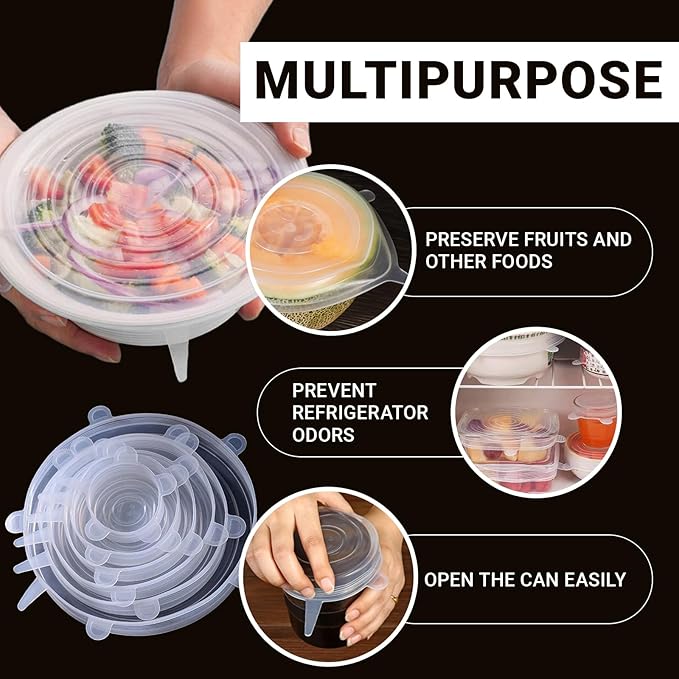 WUMUZAI 4 Pack 9.8in Reusable Silicone Stretch Lids, Silicone Bowl Covers for Food Storage, Universal Stretchable Lids for Containers Produce, Elastic Expandable Seal Cover, Microwave Freezer Safe