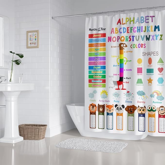 Kids Educational Shower Curtain ABC Learning Tool Funny Cartoon Animals Colors Shapes Weathers Multiplication Table Girls Boys Colorful Decor Waterproof Fabric 72Lx60W Inch with Hooks