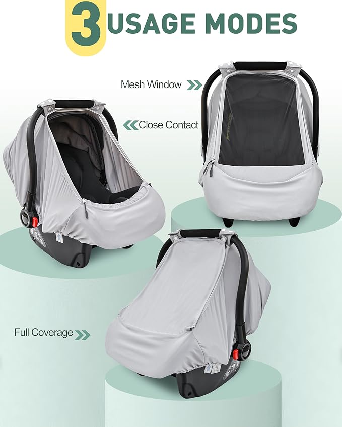 Baby Car Seat Cover,Sunproof Car Seat Canopy for Babies, Extra Large Mesh Window Baby Car Seat Sun Shade Cover,Infant Carseat Covers for Summer/Autumn Use(Gray)