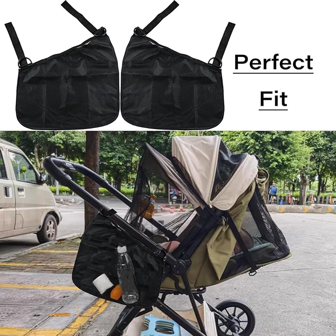 LiXiongBao 2 Pcs Side Sling Stroller Cargo Net,Universal Stroller Organizer Attachment Bag for Storage,Non-Slip and Adjustable Straps Portable Side Sling Storage Mesh Organizer(Black)