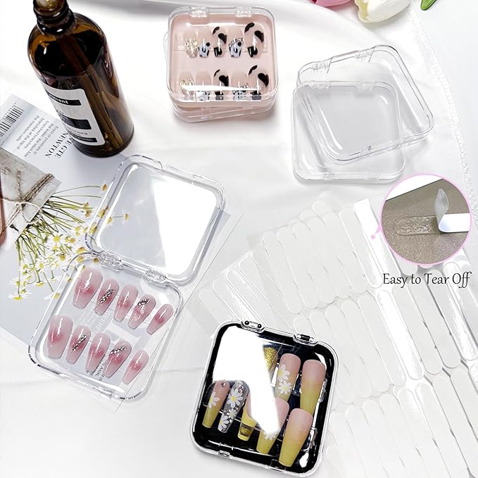 12 Piece Press On Nail Storage Box with 60 Pcs Double Sided Tape - Acrylic Fake Nail Display Box for Home Salon Use