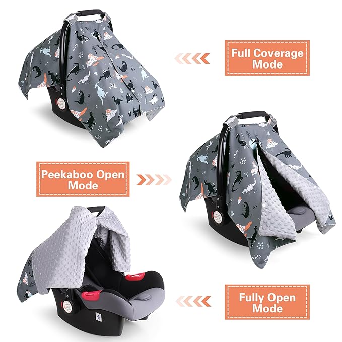 Rquite Car Seat Cover Baby, Carseat Covers Baby Boy, Minky Infant Car Seat Cover Winter, Peekaboo Opening Car Seat Canopy, Multi-use Baby Carrier, Stroller, Nursing Cover, Minky Blanket, Dinosaur